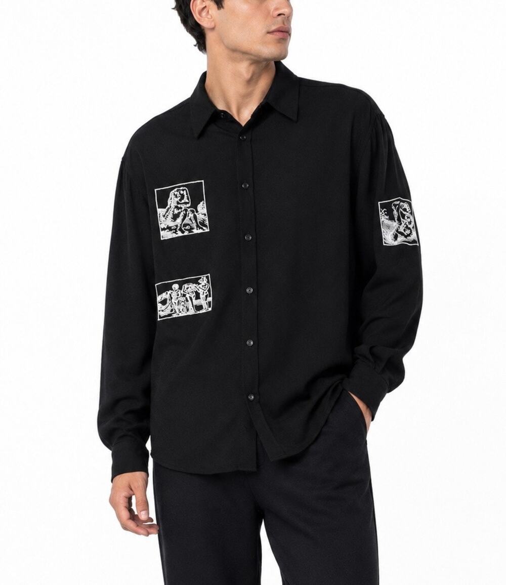 BRUTA Black Embroidered Graphic Button-Down Shirt Art Print Long Sleeve XL
